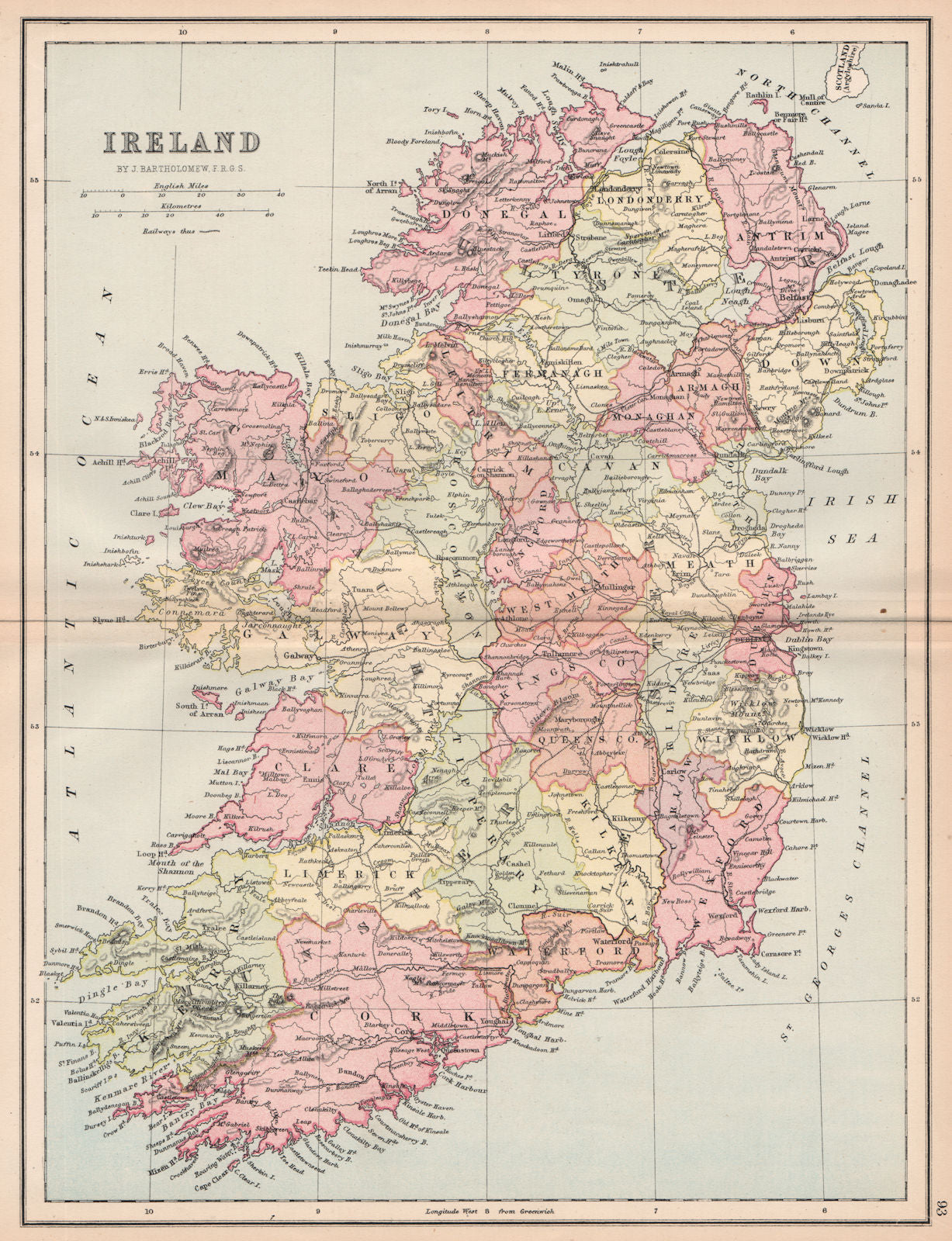 'Ireland'. Railways. Counties. BARTHOLOMEW 1878 old antique map plan chart